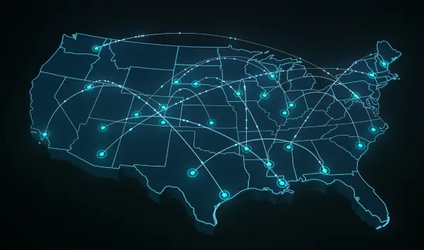 A map of the united states with lines connecting it.
